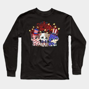 Funny Three Cat 4th Of July American Flag  Cat Long Sleeve T-Shirt